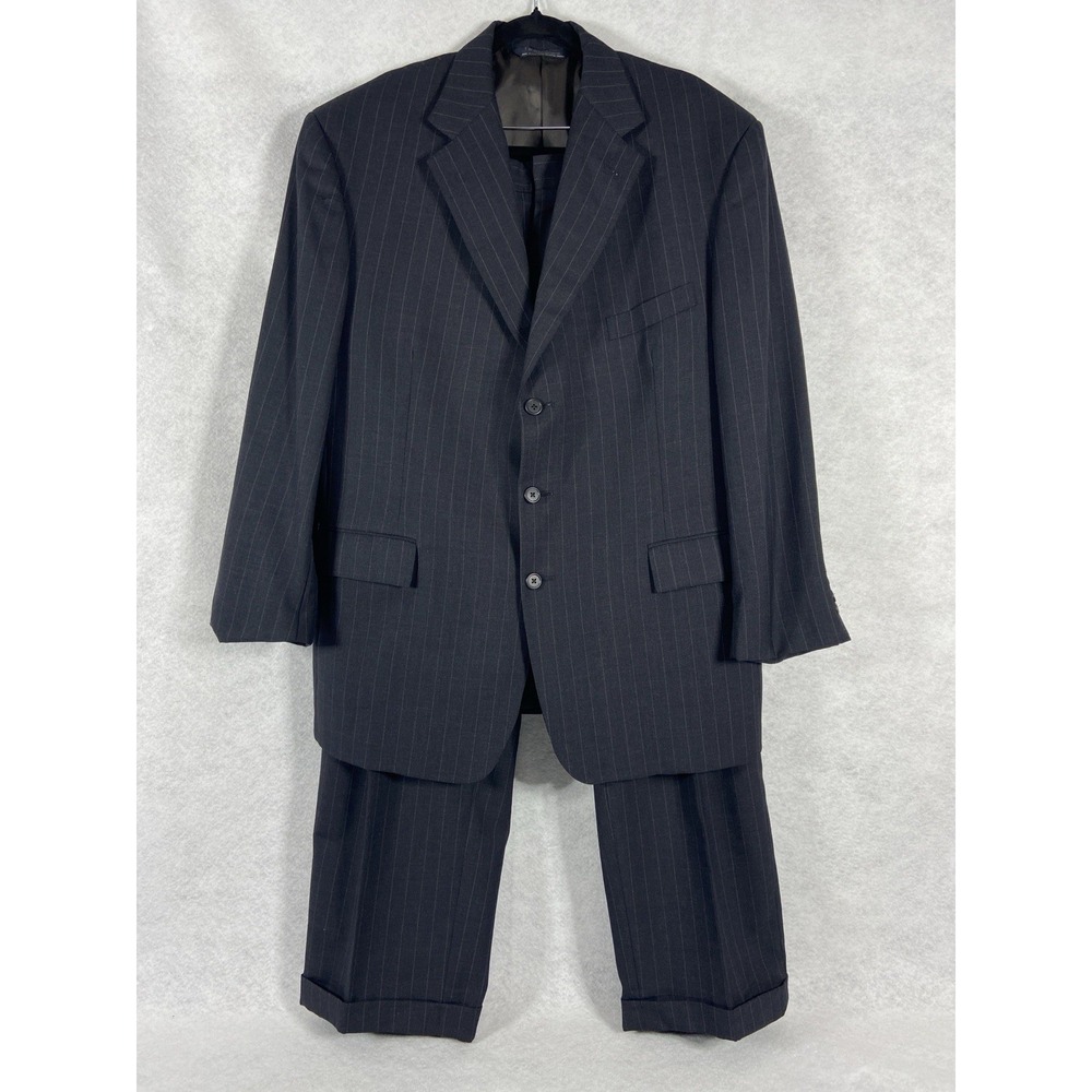 Vintage Polo Ralph Lauren 2PC Pant Suit Mens 44R Gray Wool Pinstriped USA Made